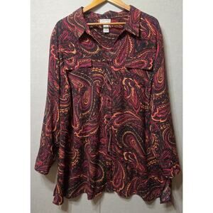 Catherine's Button Up Shirt Size 3X Soft Knit Tunic Multicolor Roll Tab Sleeve